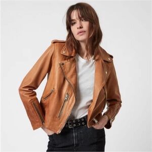 AllSaints Fern Dipdye Biker Sheep
Leather Moto Jacket Cognac Brown
Size US 4